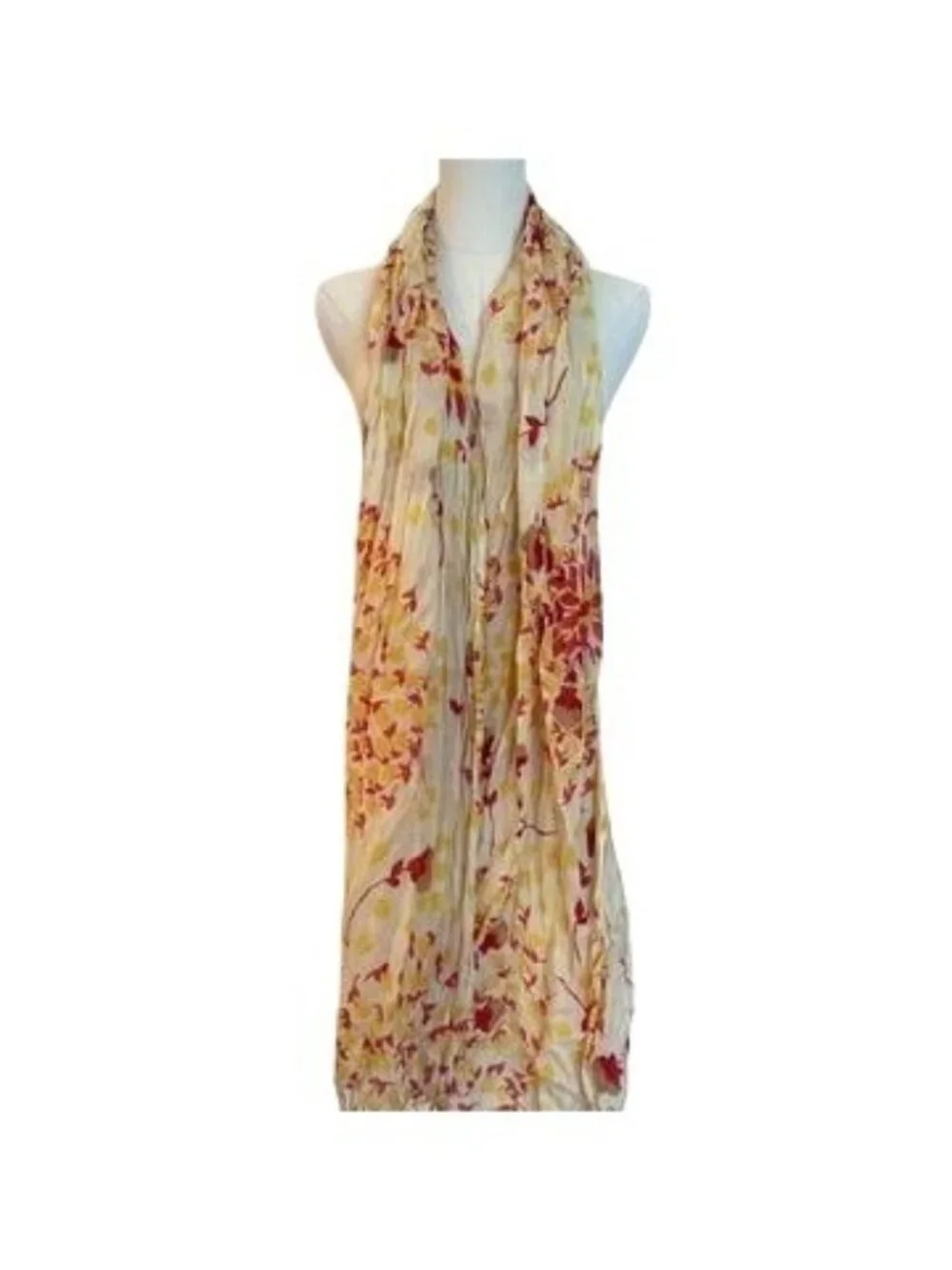 Floral Yellow & Red Lightweight Scarf Wrap Fringe Crinkle Cottage Bloom Beach